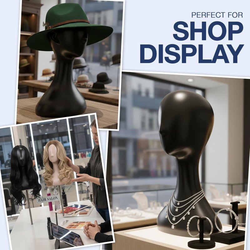STUDIO LIMITED 16 Inch Studio Limited Professional Plastic Mannequin Head (Black), Durable Women Model Wig Stand Display Styling Making Display Holder with Jack for Hat, Mask, Headdress, Necklace - Image 4